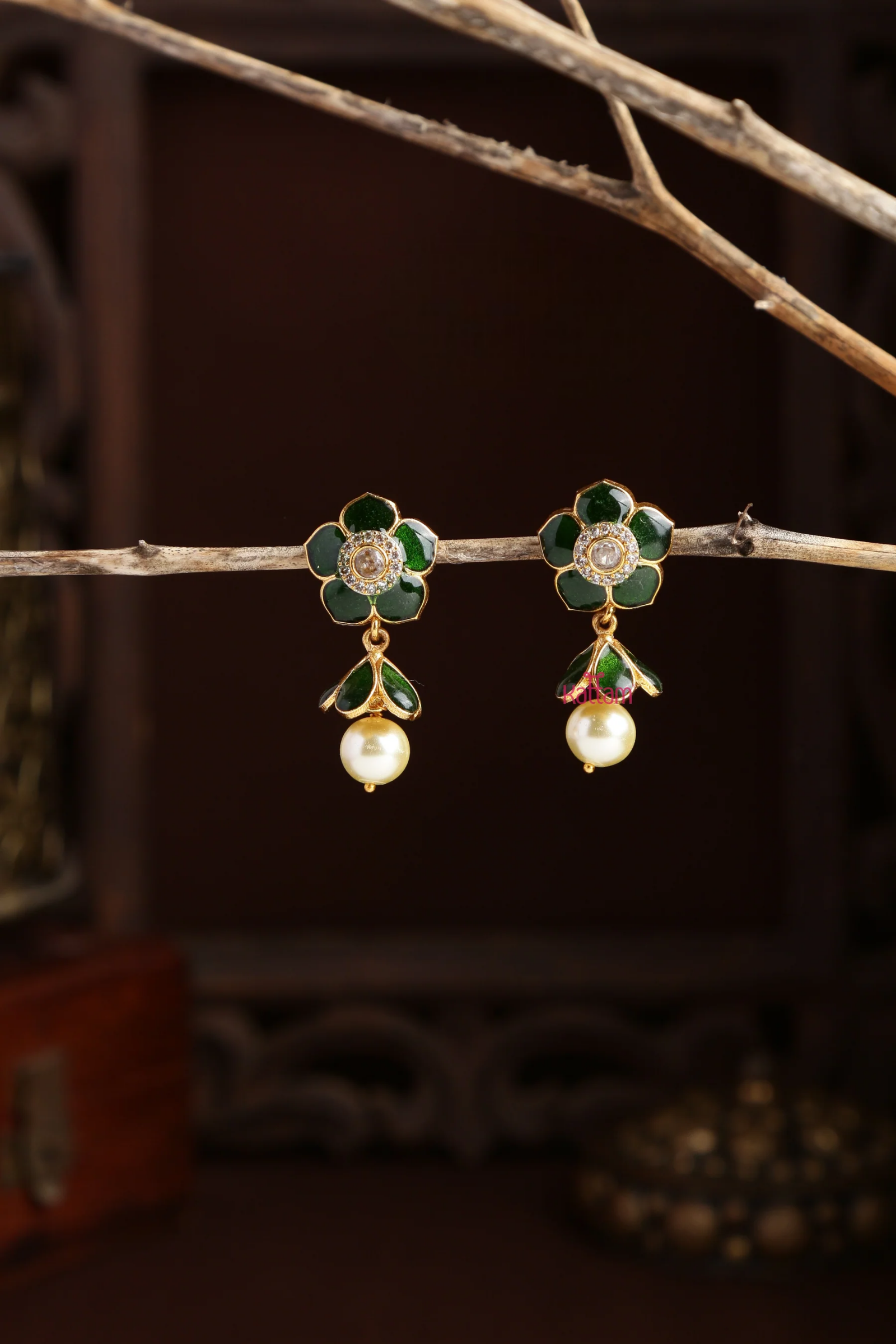 Enamel Green Flower Jhumkas